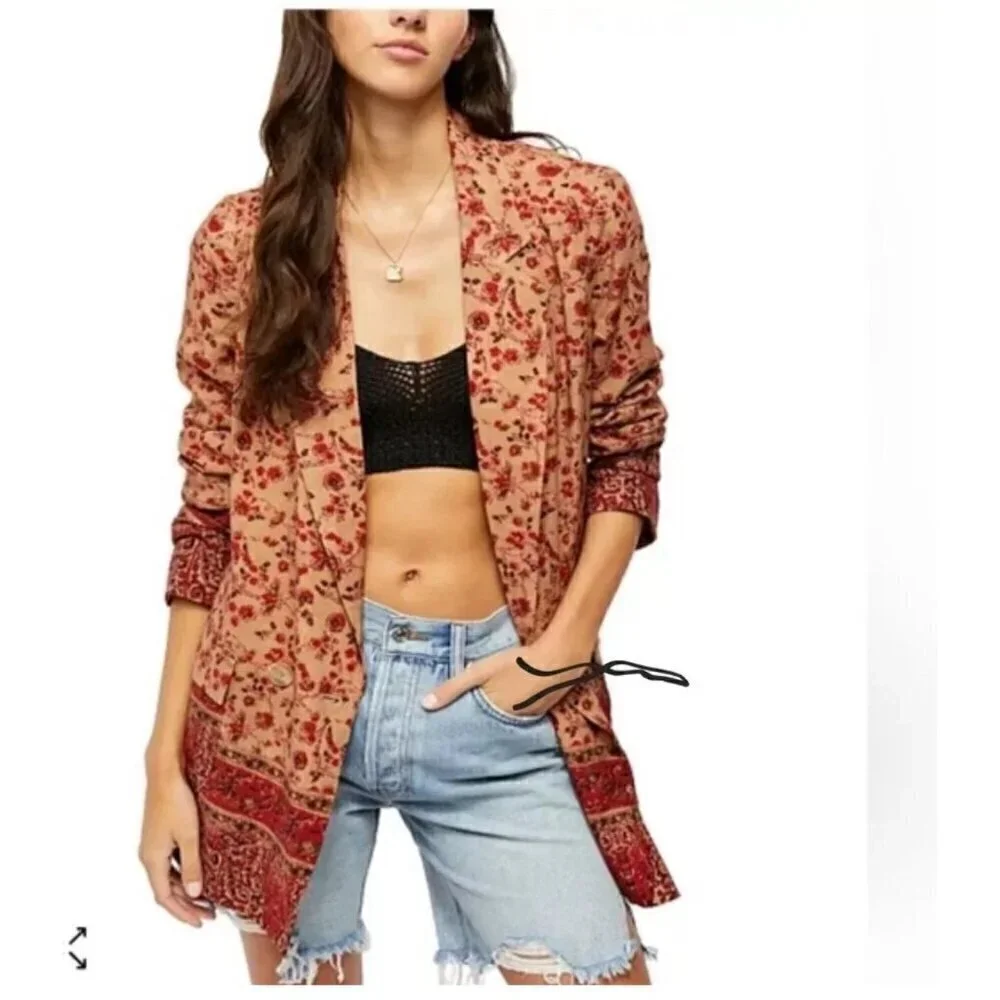 Free People Bellflower Printed Border Blazer